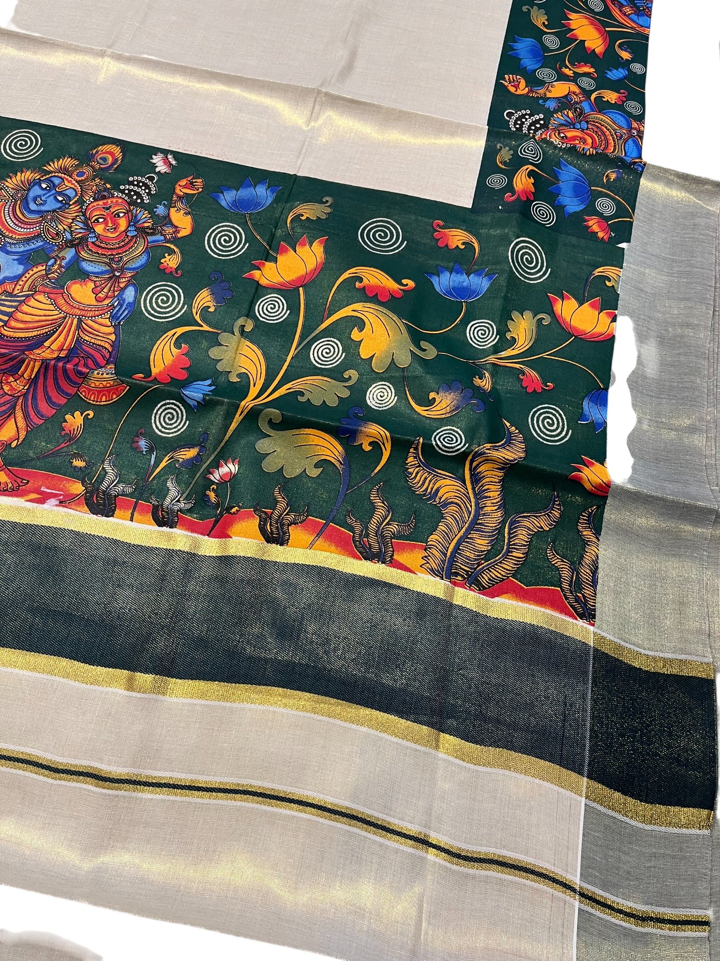 Southloom Kerala Tissue Kasavu Saree with Krishna Mural Printed Art Design and Printed Border