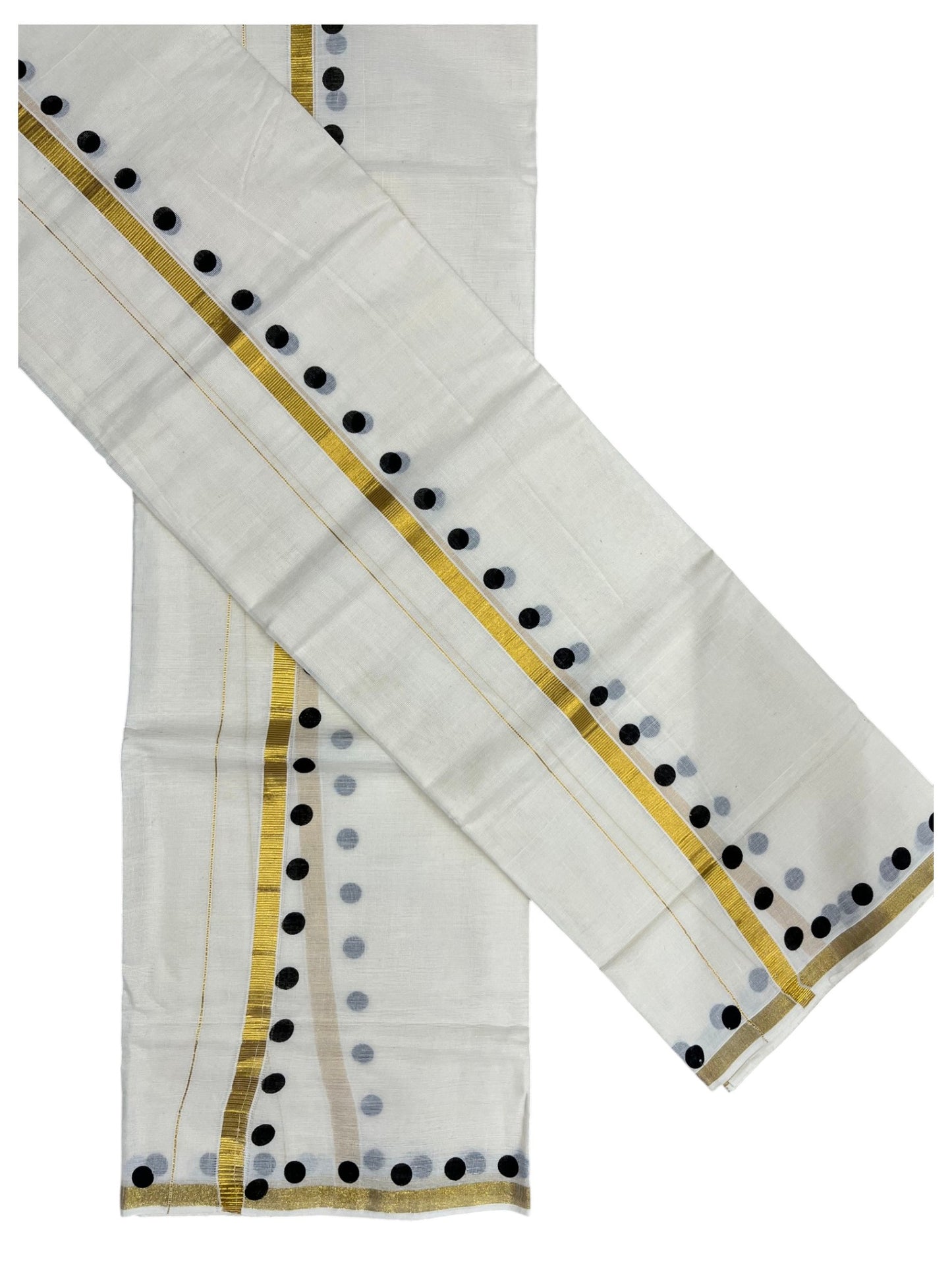 Southloom Pure Cotton Kerala Single Set Mundu (Mundum Neriyathum) with Polka Dots in Black 2.80 Mtrs