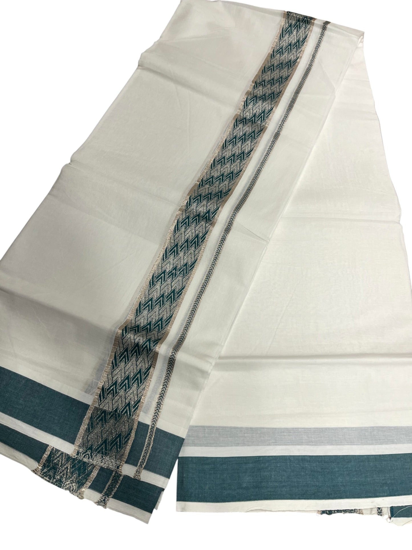 Southloom Kerala Pure White Cotton Double Mundu with Silver Lines & Green Border (South Indian Dhoti)