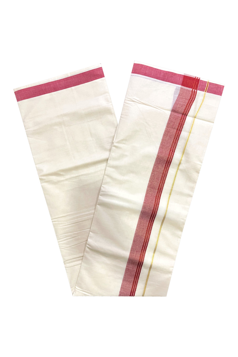 Off White Kerala Cotton Double Mundu with Kasavu and Maroon Border (South Indian Kerala Dhoti)