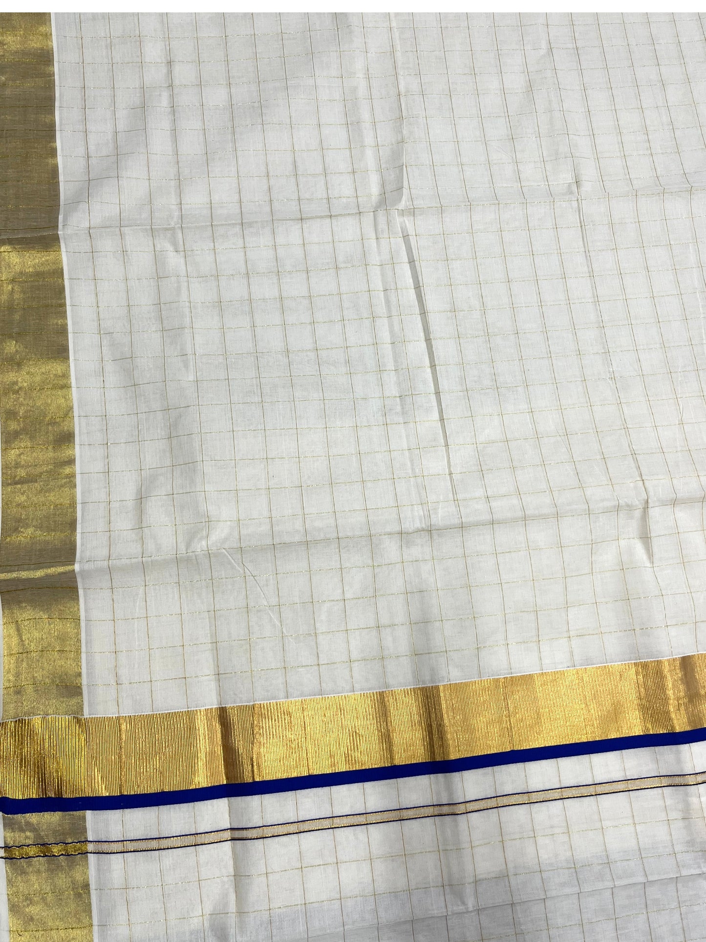 Southloom Pure Cotton  Kerala  Kasavu Woven Check Saree with Blue Border