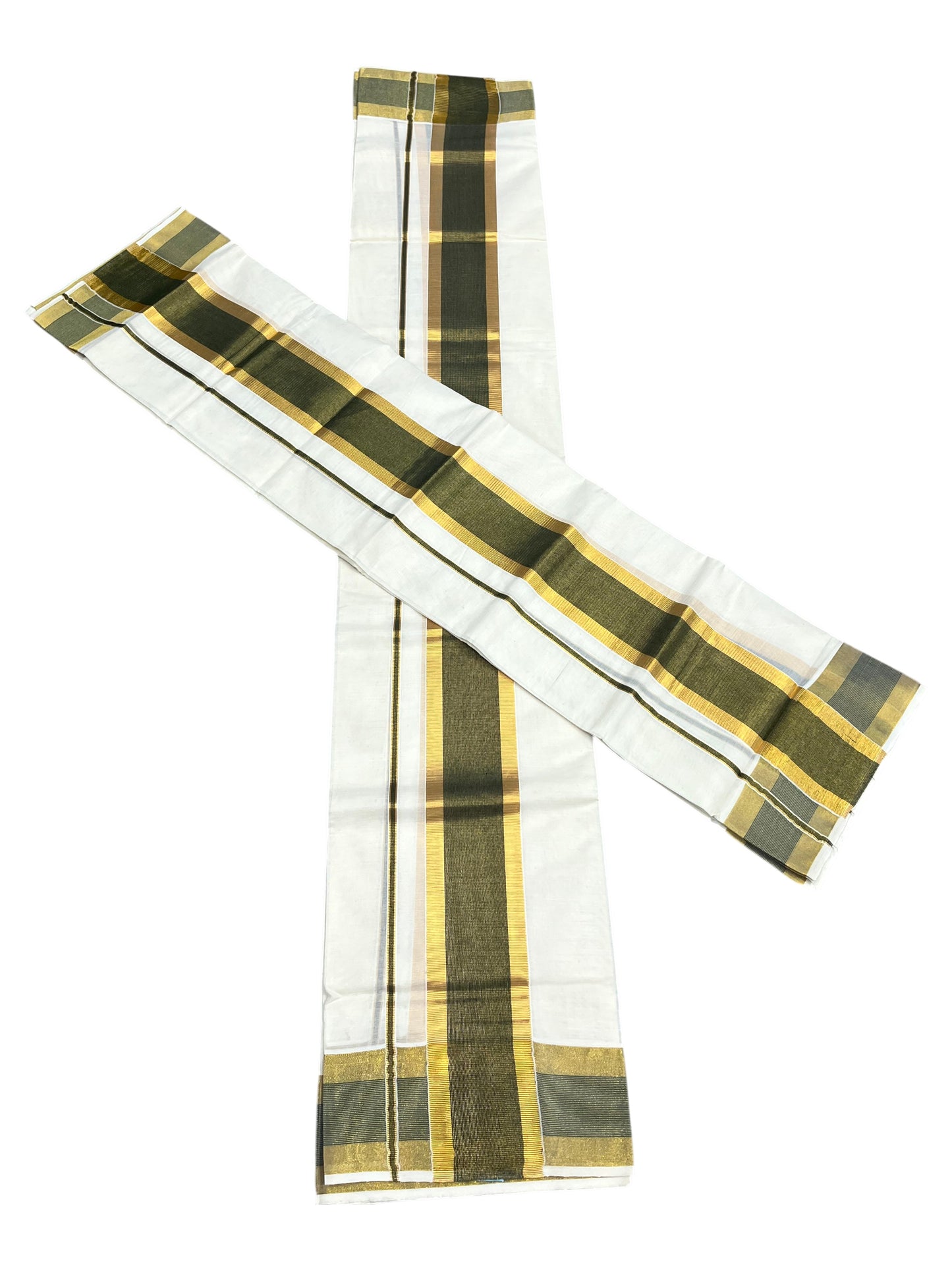 Southloom Pure Cotton Kerala Single Set Mundu (Mundum Neriyathum) with  Green and Kasavu Border 2.80 Mtrs SLKK