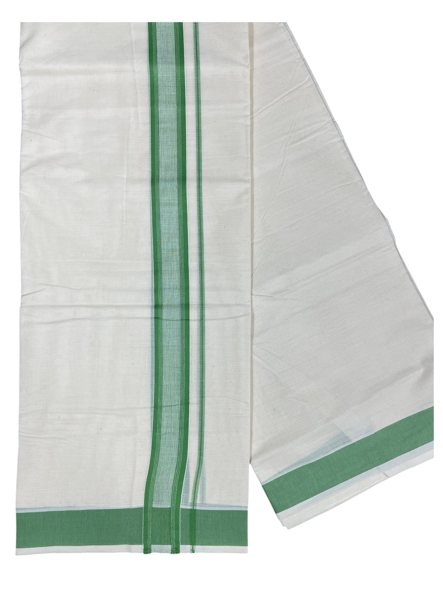 Southloom Kerala Pure Cotton Double Mundu with Green Border (South Indian Kerala Dhoti)