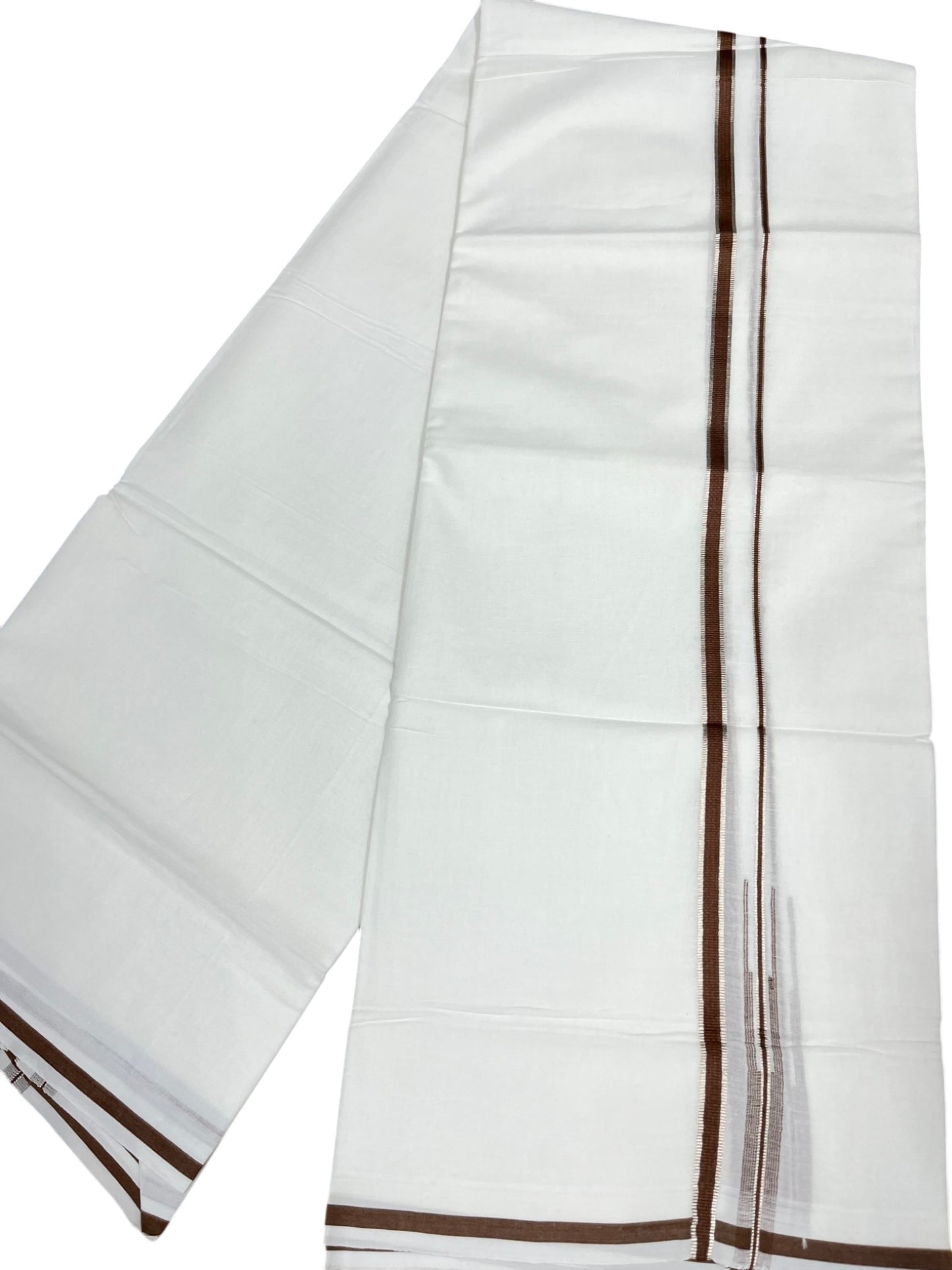 Southloom Pure White Cotton Double Mundu with Silver and Brown Border (South Indian Dhoti)