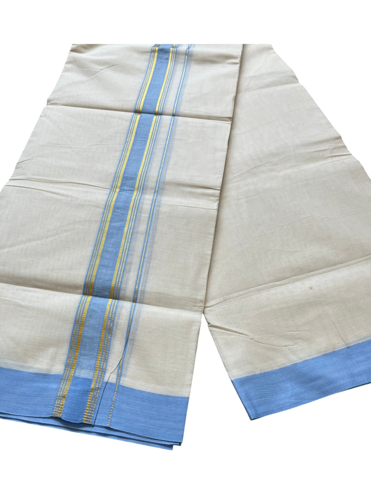 Southloom Pure Cotton Mundu with Golden Lines and Blue Border (South Indian Kerala Dhoti)