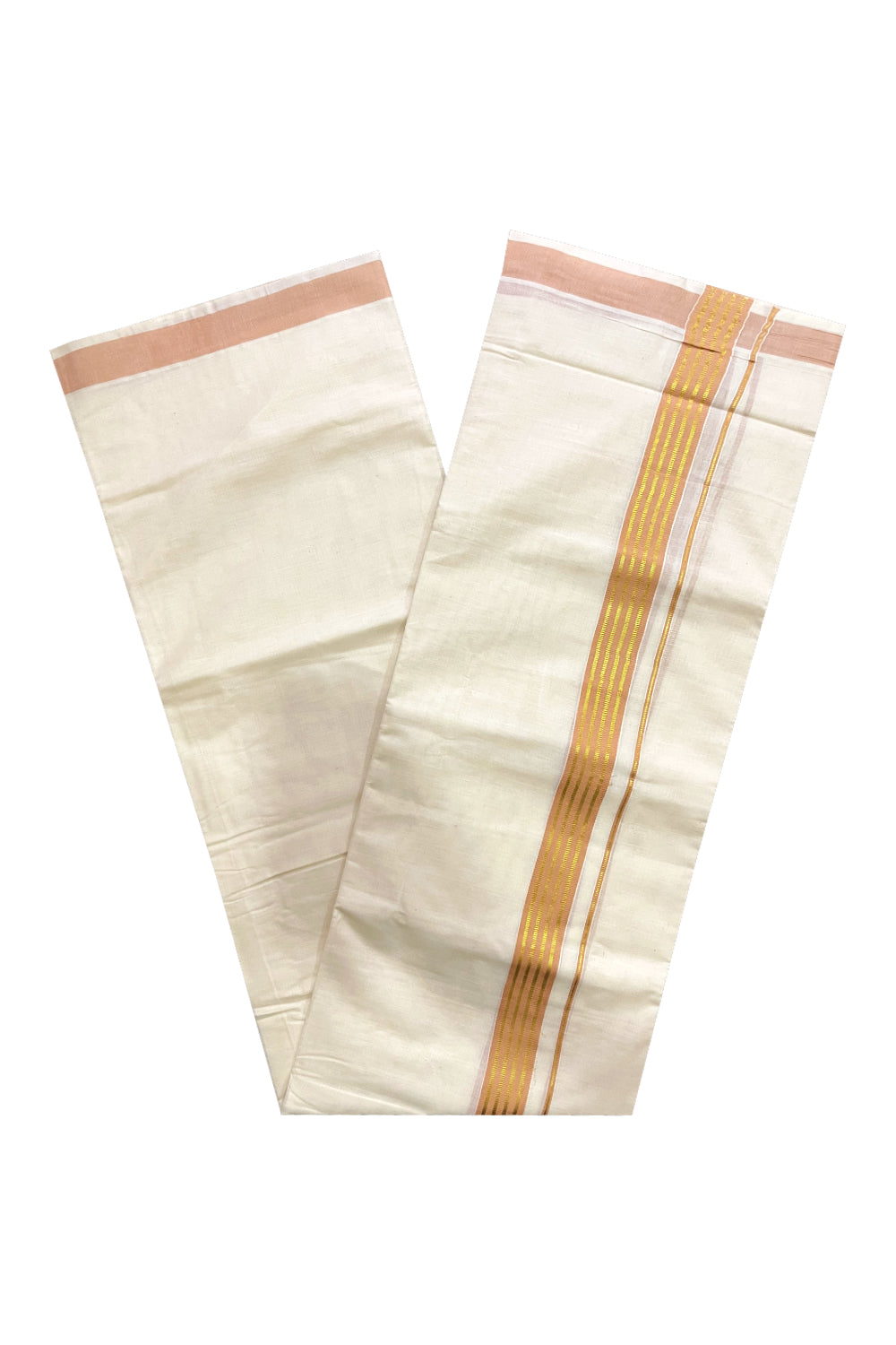 Off White Kerala Cotton Double Mundu with Kasavu and Beige Border (South Indian Kerala Dhoti)