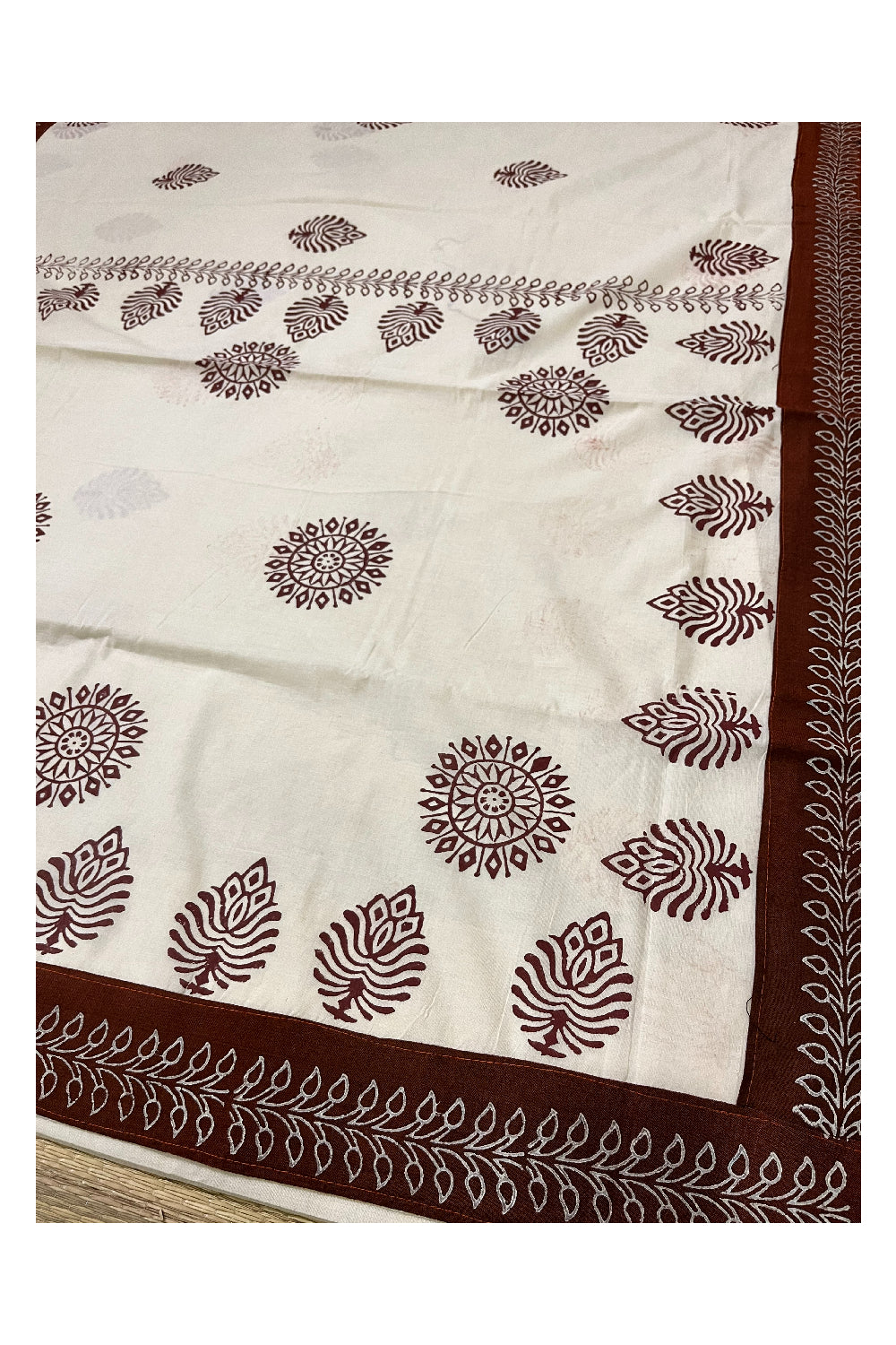 Pure Cotton Onam 2023 Kerala Saree with Hand Block Maroon Batik Prints