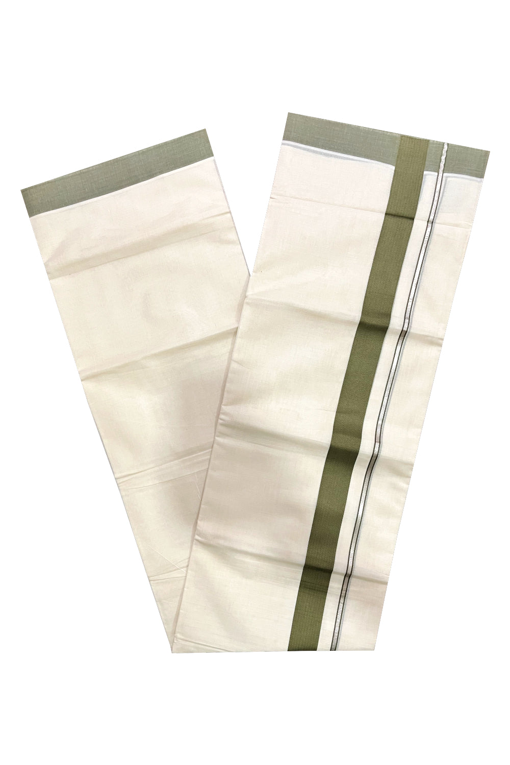 Pure Cotton Double Mundu with Silver Kasavu and Olive Green Border (South Indian Kerala Dhoti)