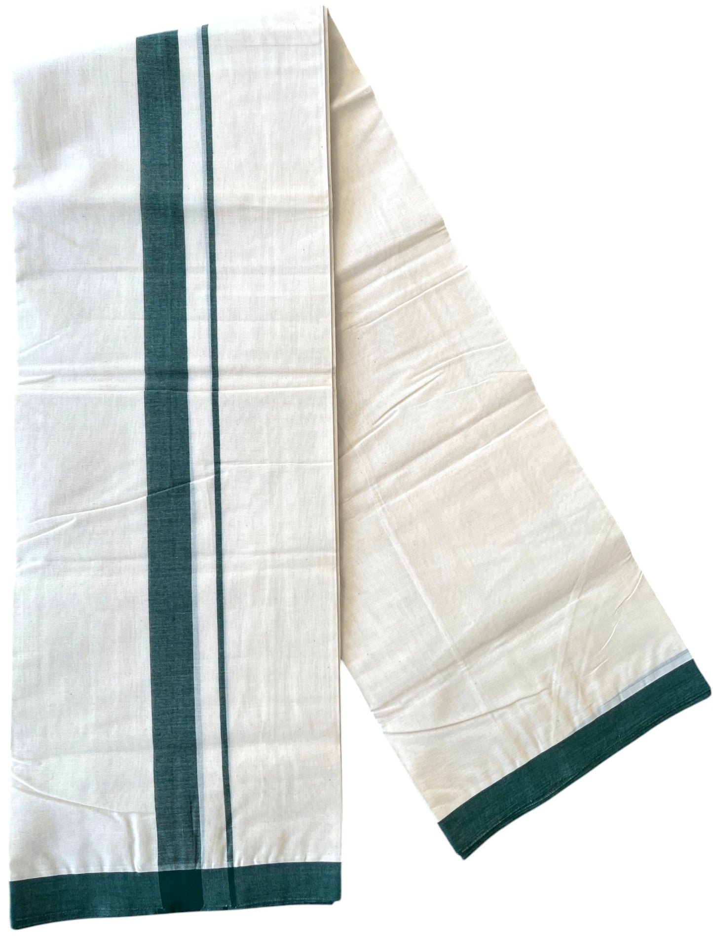 Southloom Kerala Pure Cotton Double Mundu with Green Border (South Indian Kerala Dhoti)
