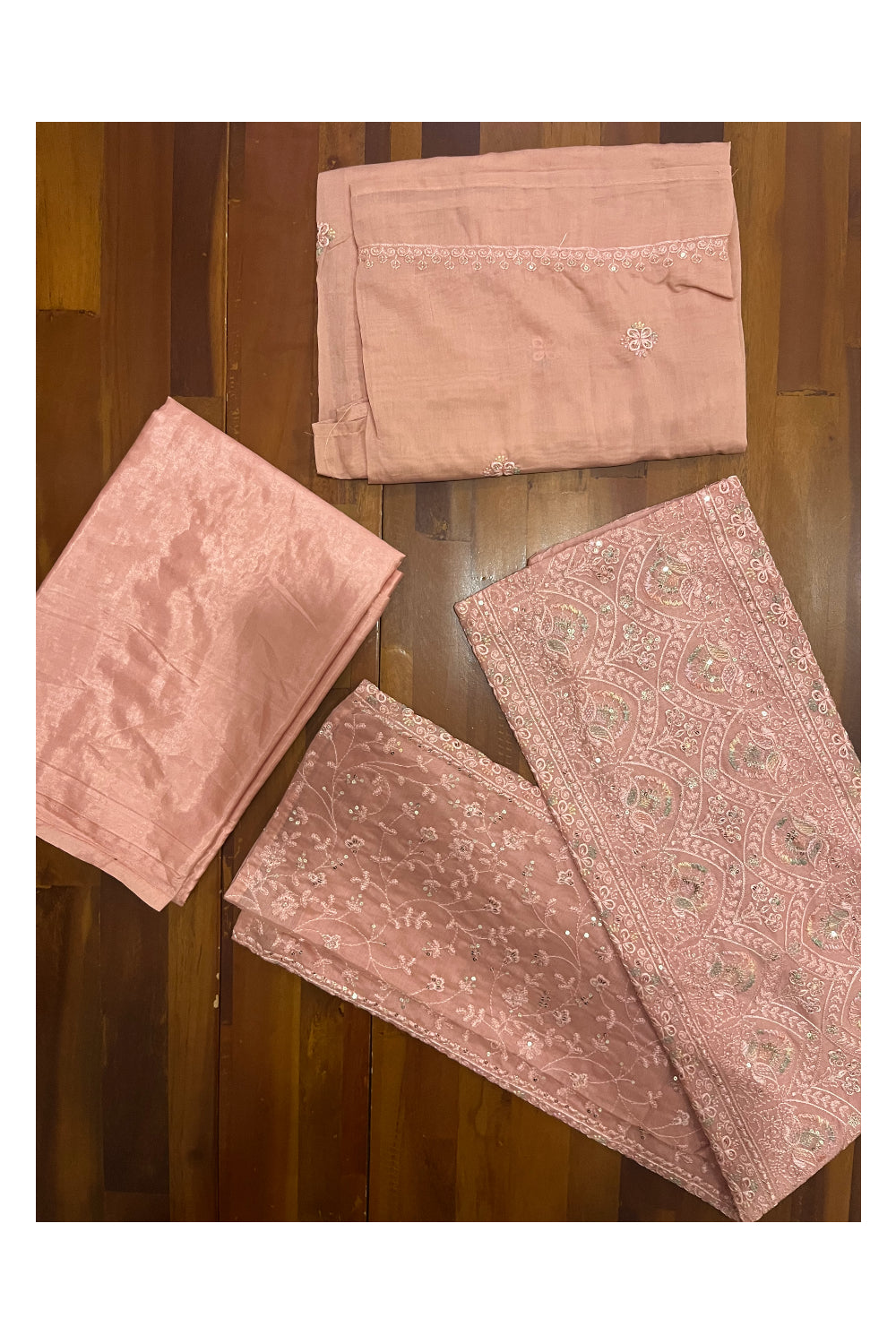 Southloom™ Semi Tussar Pink Churidar Salwar Suit Material with Thread Work and Sequins Designs