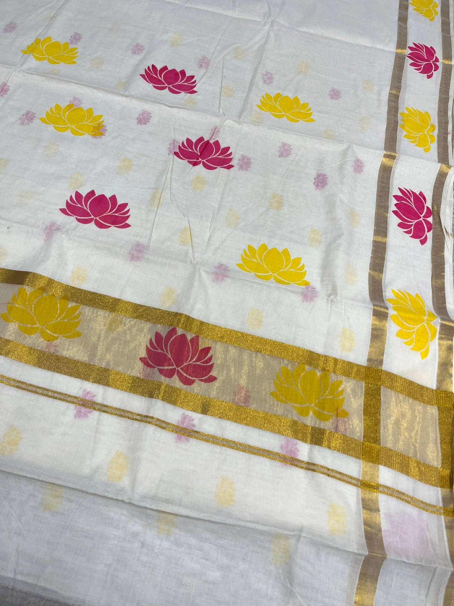Southloom Cotton Kerala Kasavu Saree with Lotus Block Prints on Body and Border in Yellow and Pink