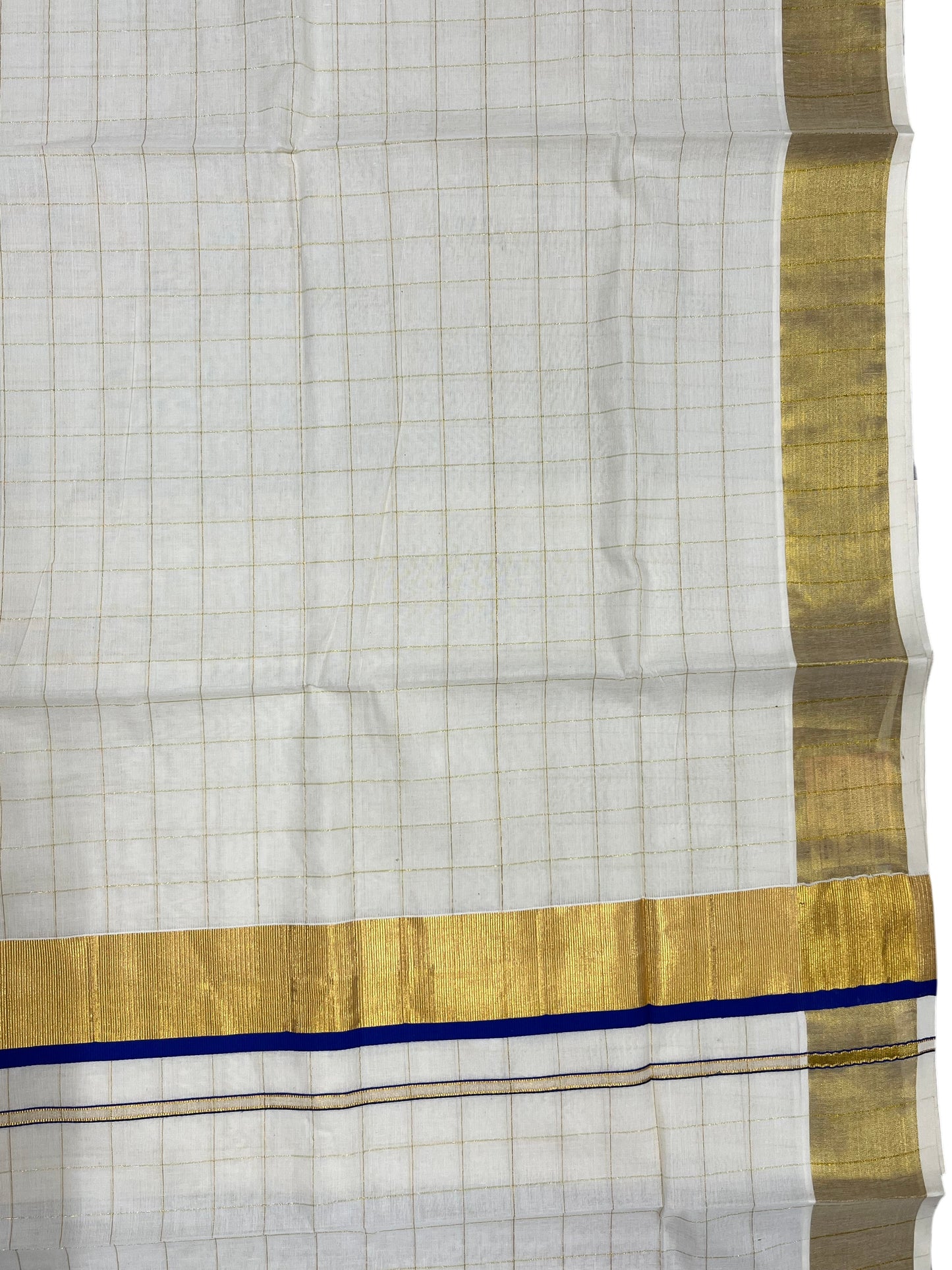 Southloom Pure Cotton  Kerala  Kasavu Woven Check Saree with Blue Border