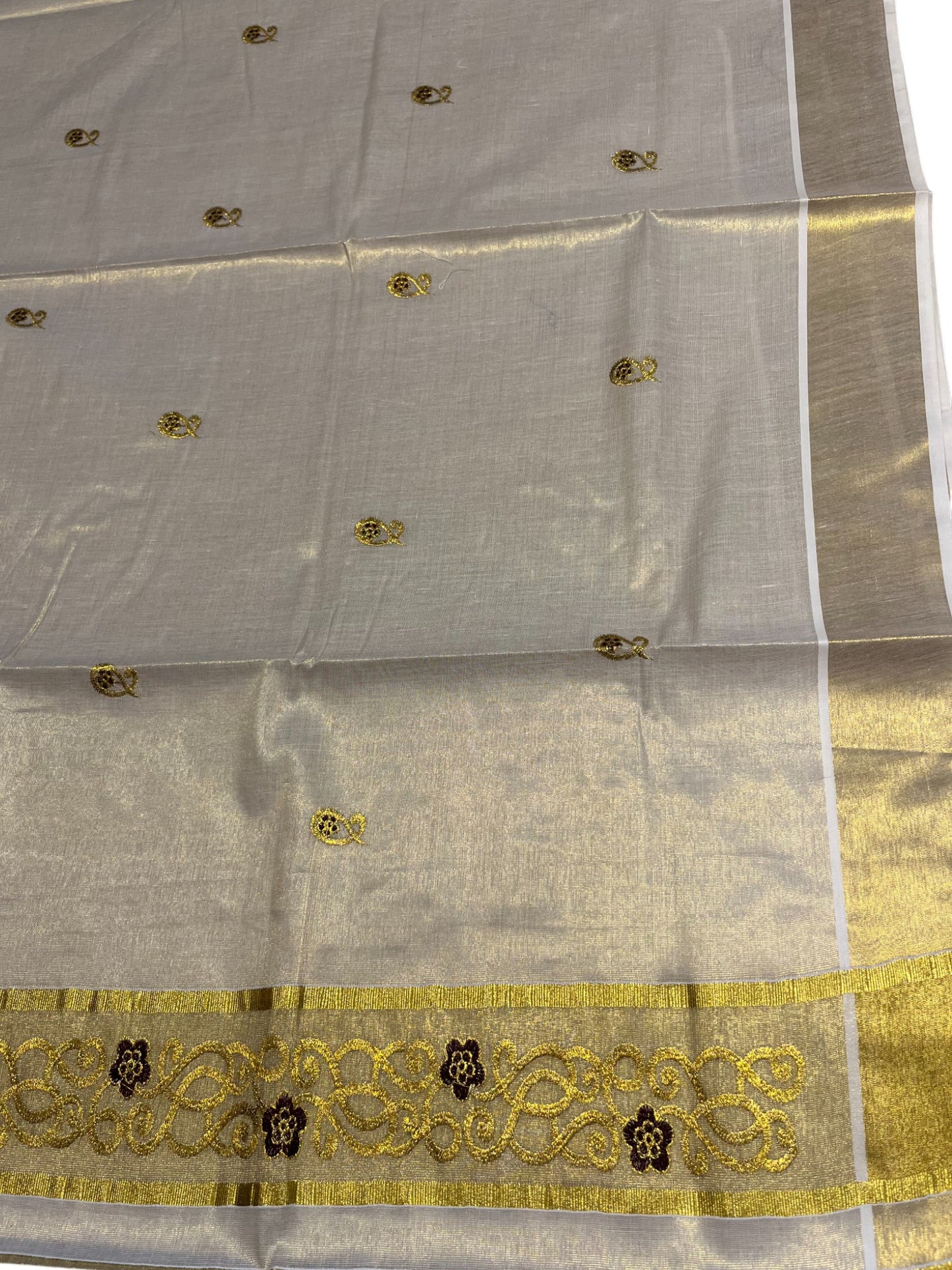 Southloom Kerala Tissue Kasavu Saree with Golden Embroidery Work on Body