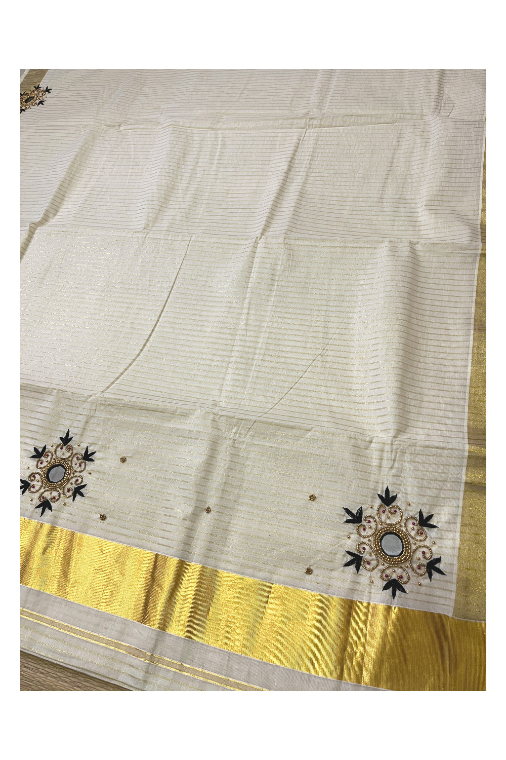 Kerala Cotton Kasavu Lines Design and Bead Work Saree with Seperate Black Blouse Piece