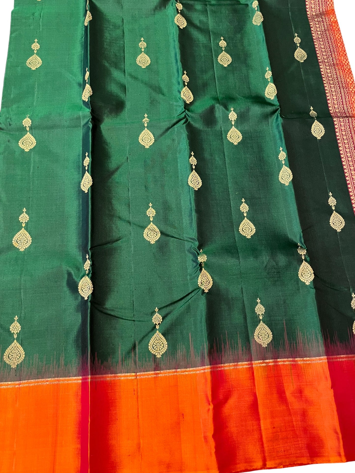 Southloom Pure Handloom Bridal Kanchipuram Silk Saree with Korvai Work (Orange & Green)