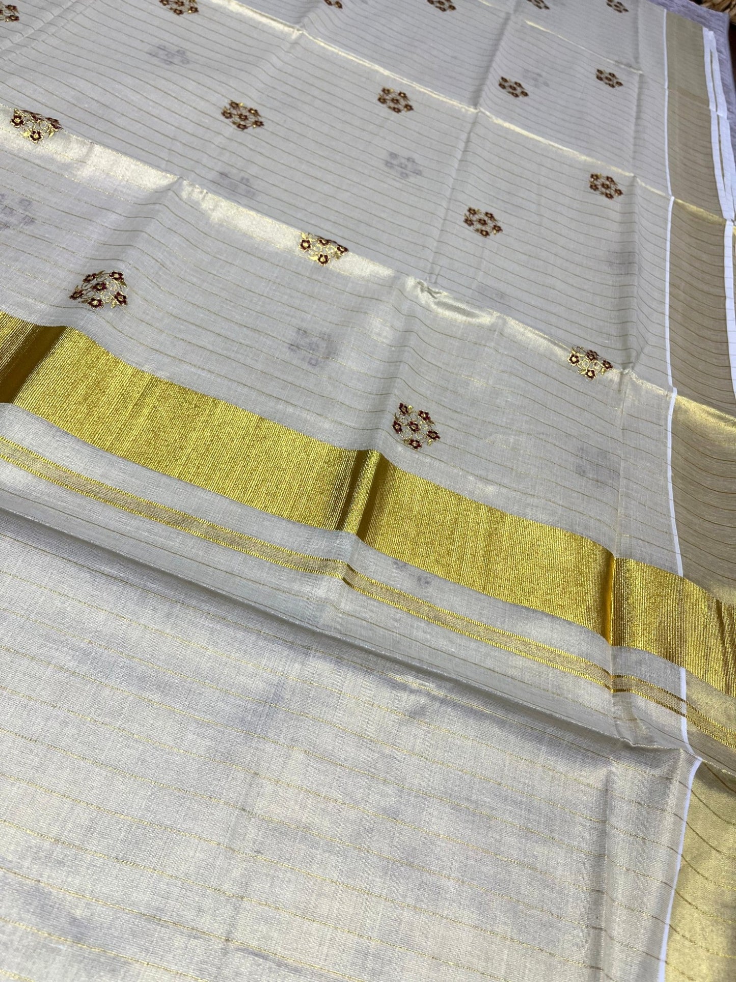 Southloom Kerala Tissue Kasavu Lines Saree with Maroon Floral Embroidery Design on Body