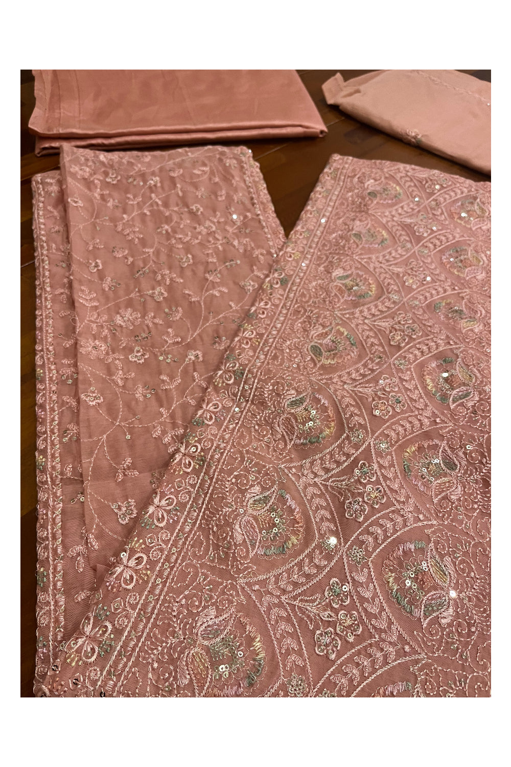 Southloom™ Semi Tussar Pink Churidar Salwar Suit Material with Thread Work and Sequins Designs