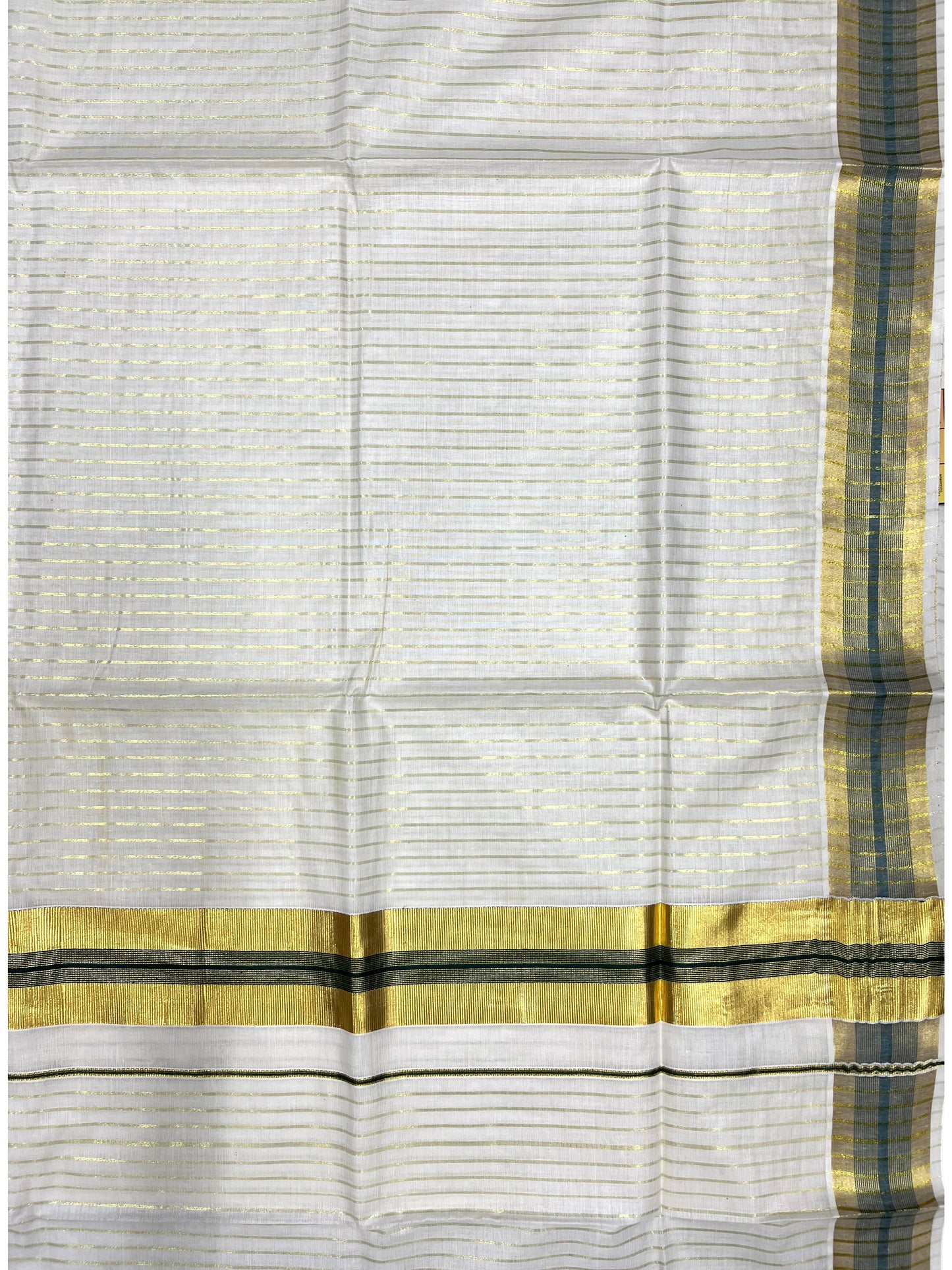 Southloom Pure Cotton Kerala Kasavu Lines Design Saree with Dark Green Border