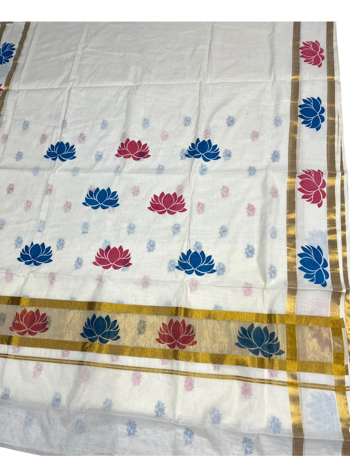 Southloom Cotton Kerala Kasavu Saree with Lotus Block Prints on Body and Border in Blue and pink