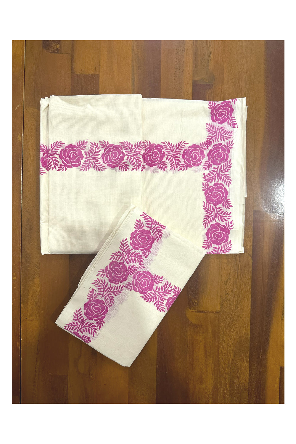 Kerala Cotton Set Mundu (Mundum Neriyathum) with Pink Floral Block Printed Border (Onam Set Mundu 2023)