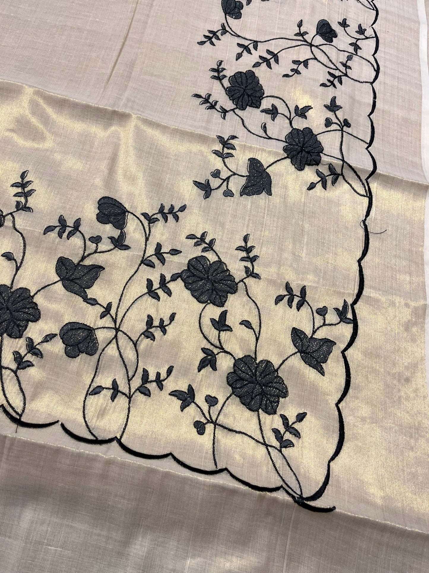 Southloom Cotton Kerala Saree with Floral Embroidery Design on Border