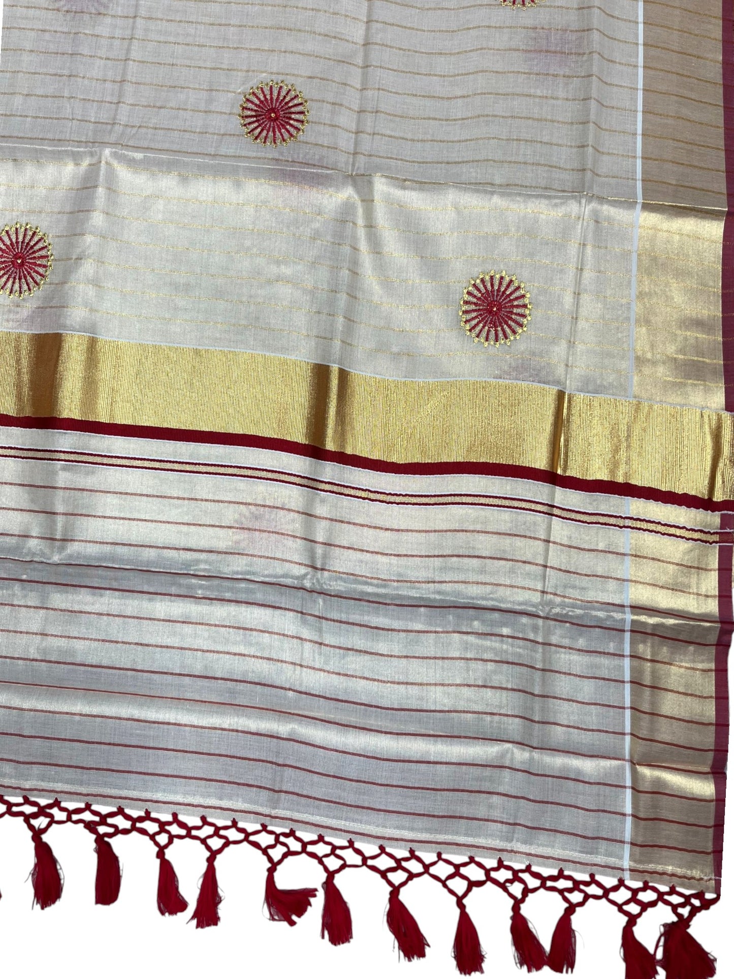Southloom Kerala Tissue Kasavu Lines Saree with Embroidery Work on Body in Red
