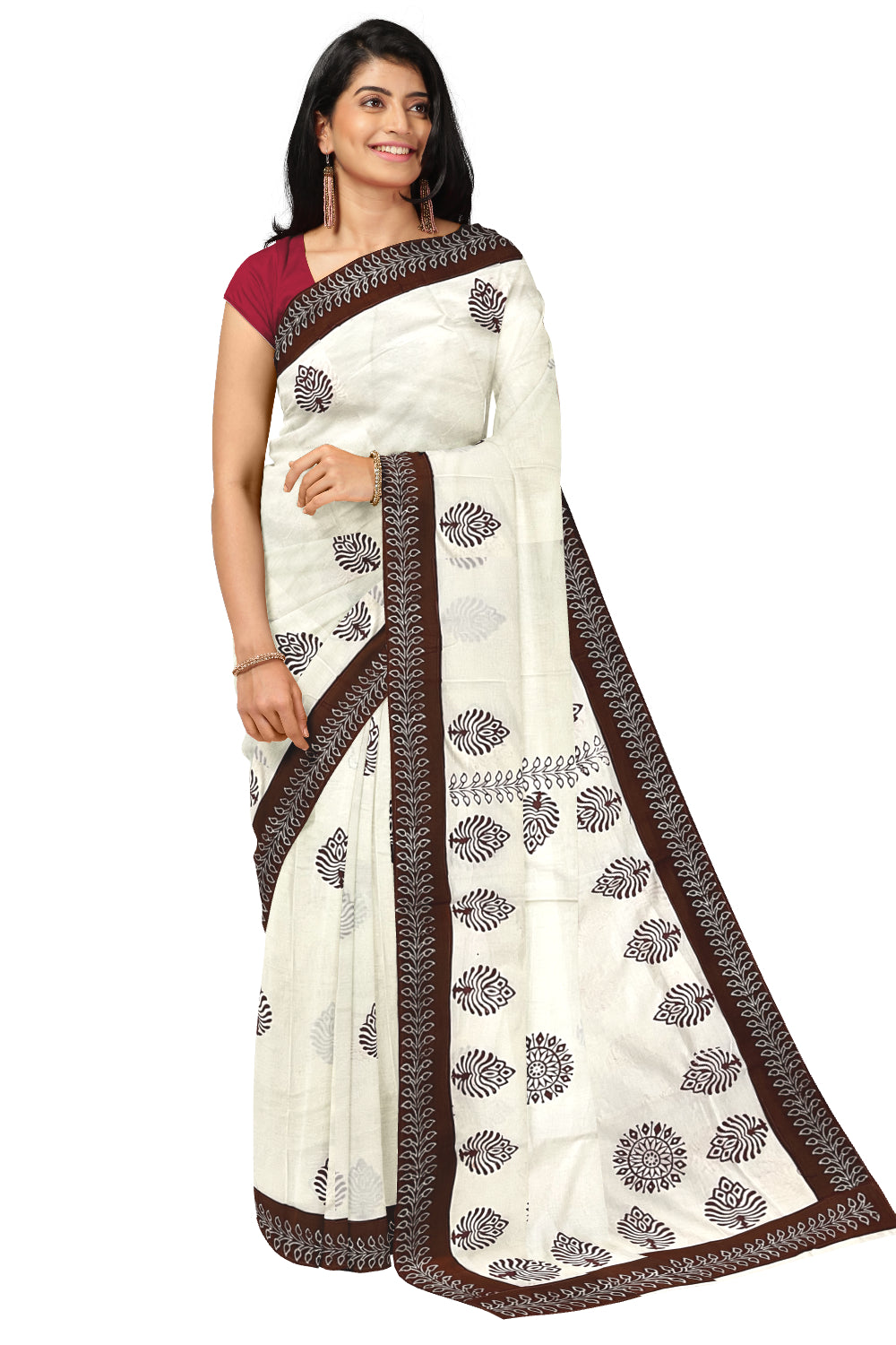 Pure Cotton Onam 2023 Kerala Saree with Hand Block Maroon Batik Prints