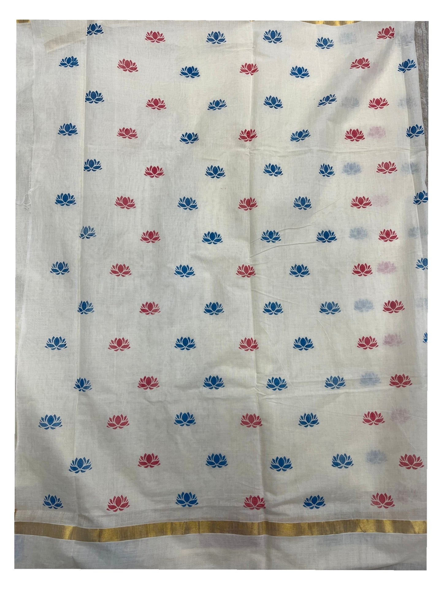Southloom Cotton Kerala Kasavu Saree with Lotus Block Prints on Body and Border in Blue and pink