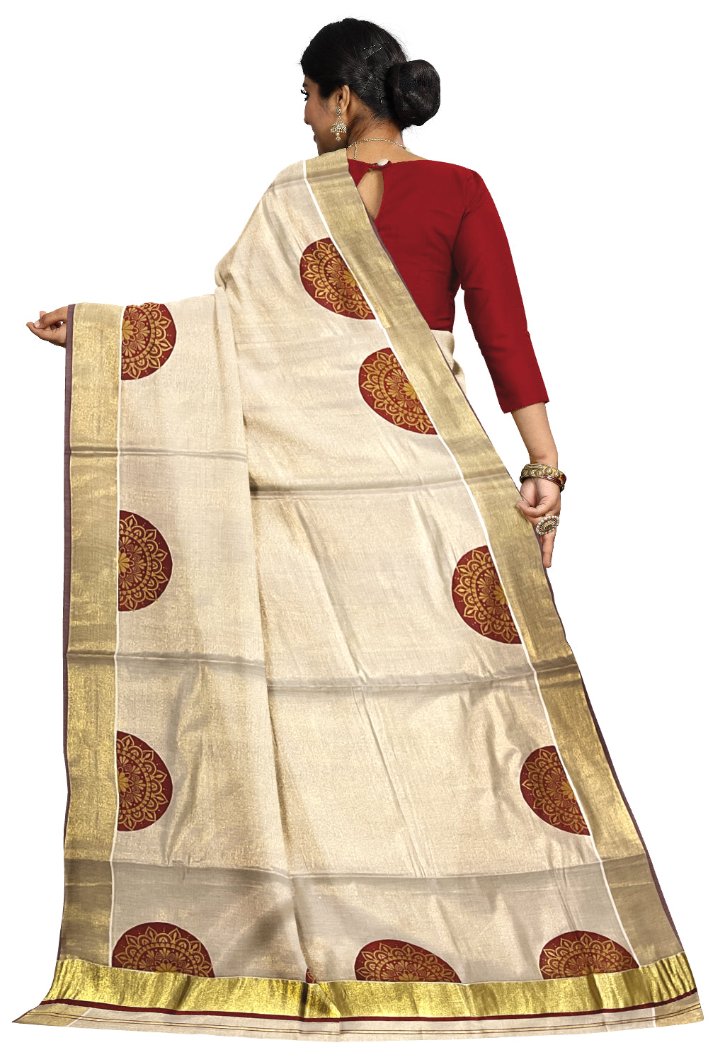 Kerala Tissue Kasavu Saree with Brown Block Prints and Kasavu Maroon Border