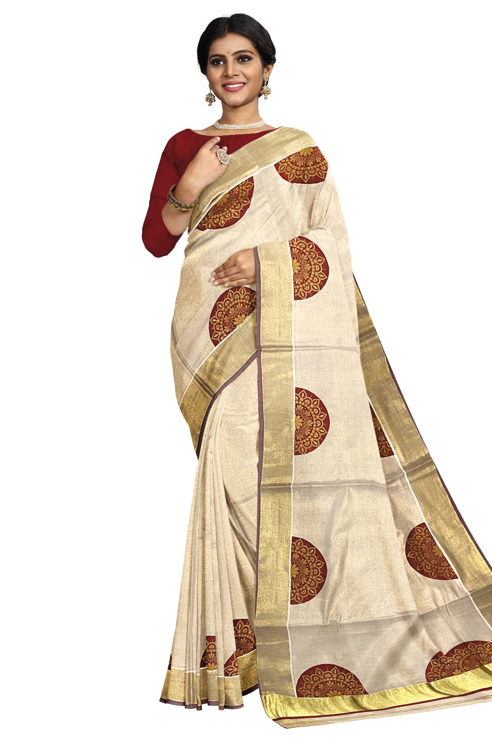 Kerala Tissue Kasavu Saree with Brown Block Prints and Kasavu Maroon Border