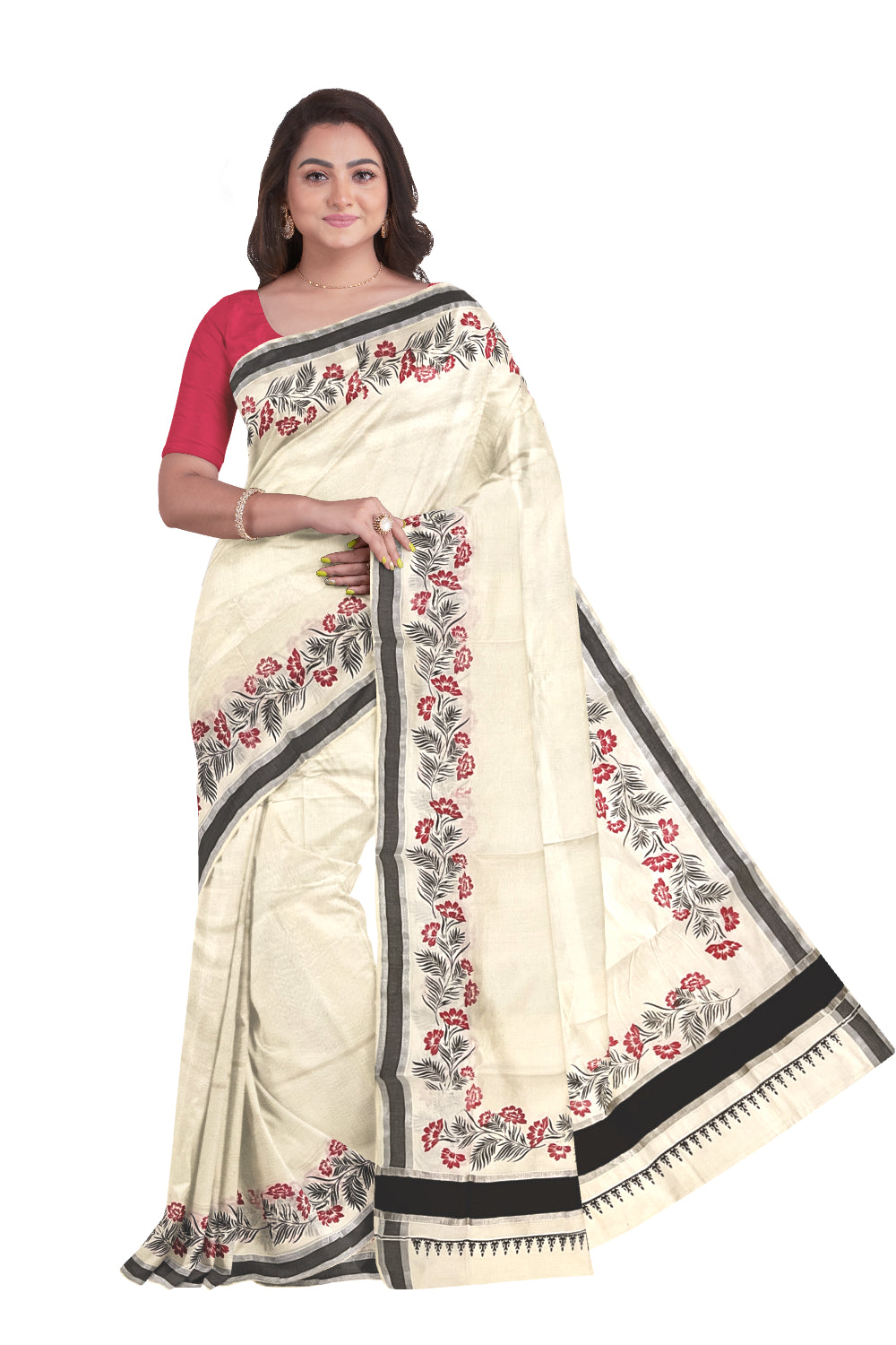 Pure Cotton Kerala Saree with Red Black Floral Block Prints and Silver Black Border