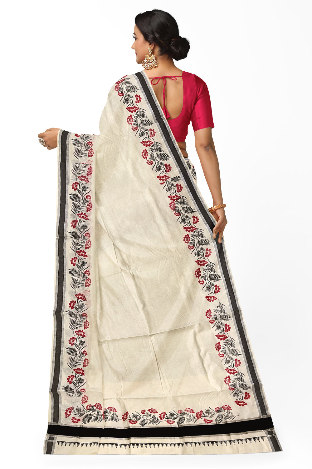 Pure Cotton Kerala Saree with Red Black Floral Block Prints and Silver Black Border