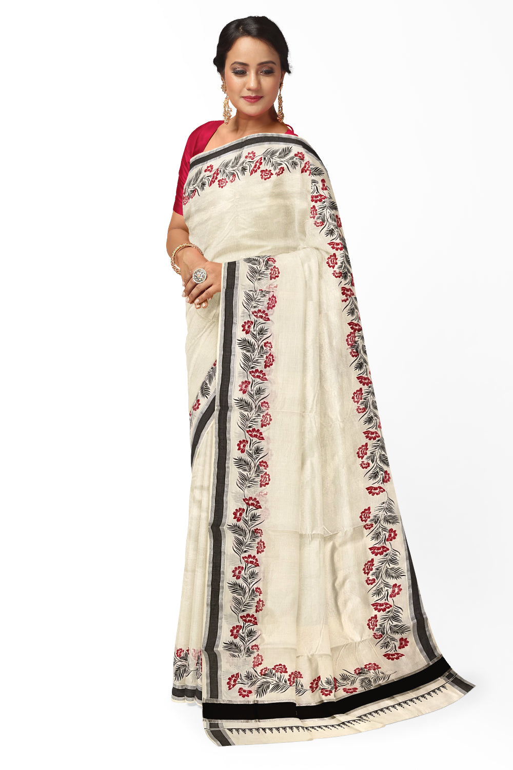 Pure Cotton Kerala Saree with Red Black Floral Block Prints and Silver Black Border