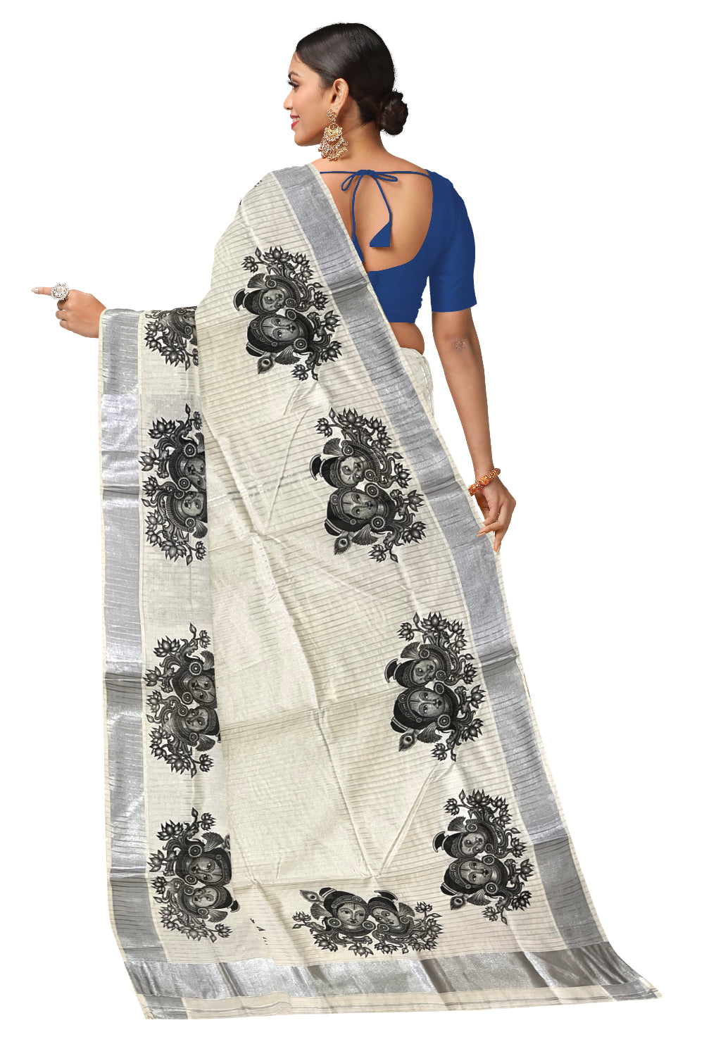 Pure Cotton Kerala Silver Kasavu Lines Design Saree with Krishna Radha Face Mural Prints (Onam Saree 2023)