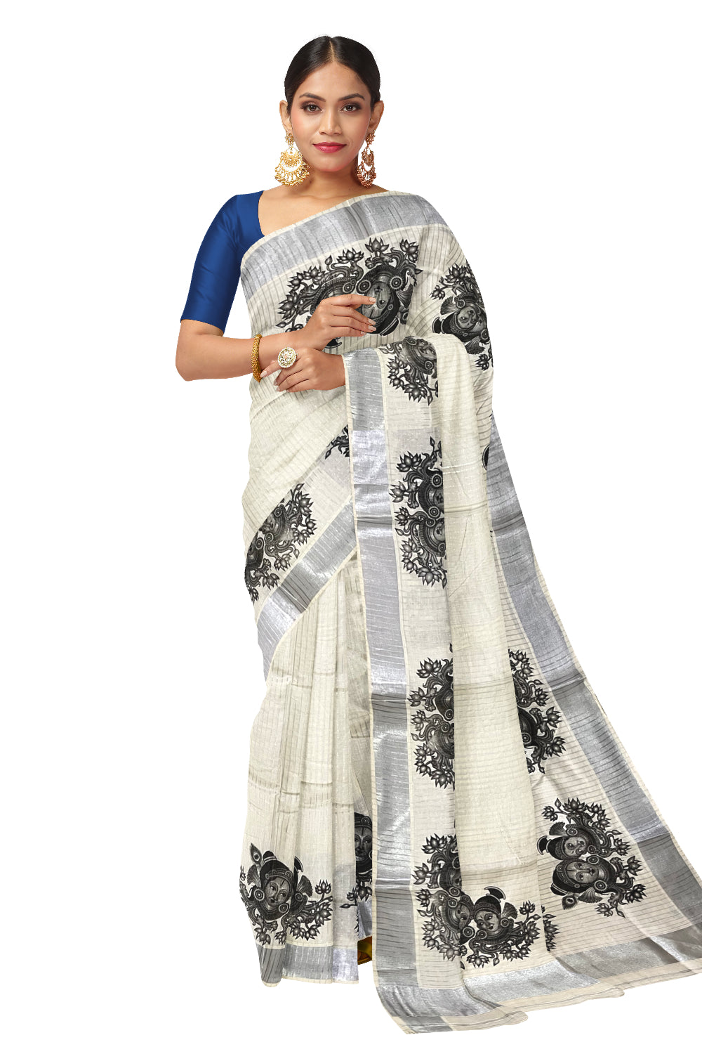 Pure Cotton Kerala Silver Kasavu Lines Design Saree with Krishna Radha Face Mural Prints (Onam Saree 2023)