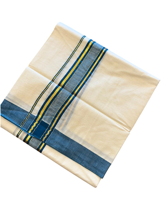 Southloom Pure Cotton Off White Double Mundu with Gold Kasavu And Blue Border(South Indian Kerala Dhoti)