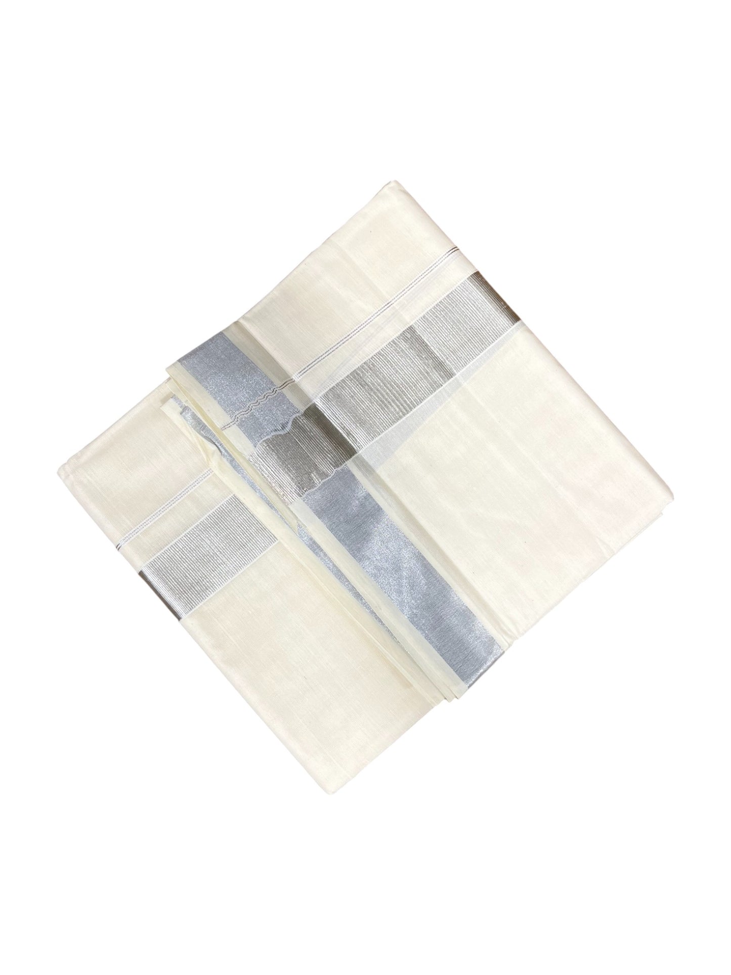 Southloom Pure Cotton  Double Mundu With Silver Kasavu  Border (South Indian Kerala Dhoti)