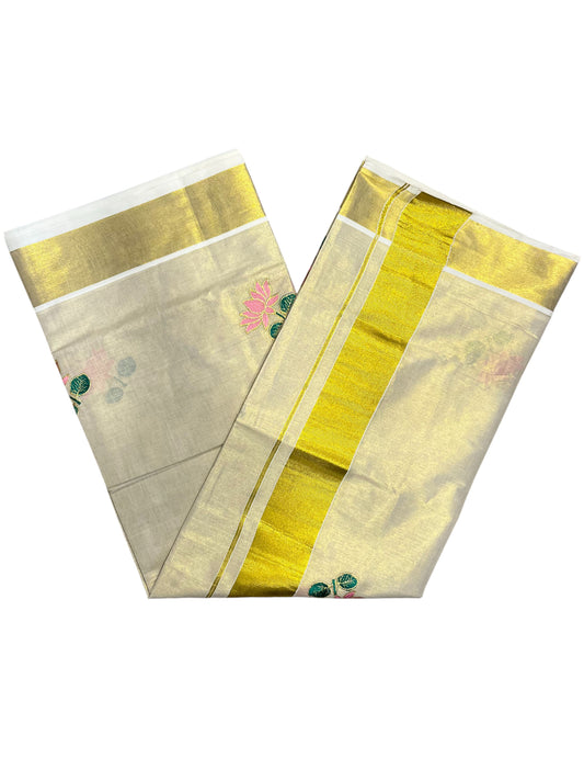 Southloom Lotus Pink and Green Embroidery Tissue Kerala Saree