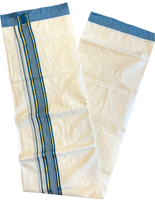 Southloom Pure Cotton Off White Double Mundu with Gold Kasavu And Blue Border(South Indian Kerala Dhoti)