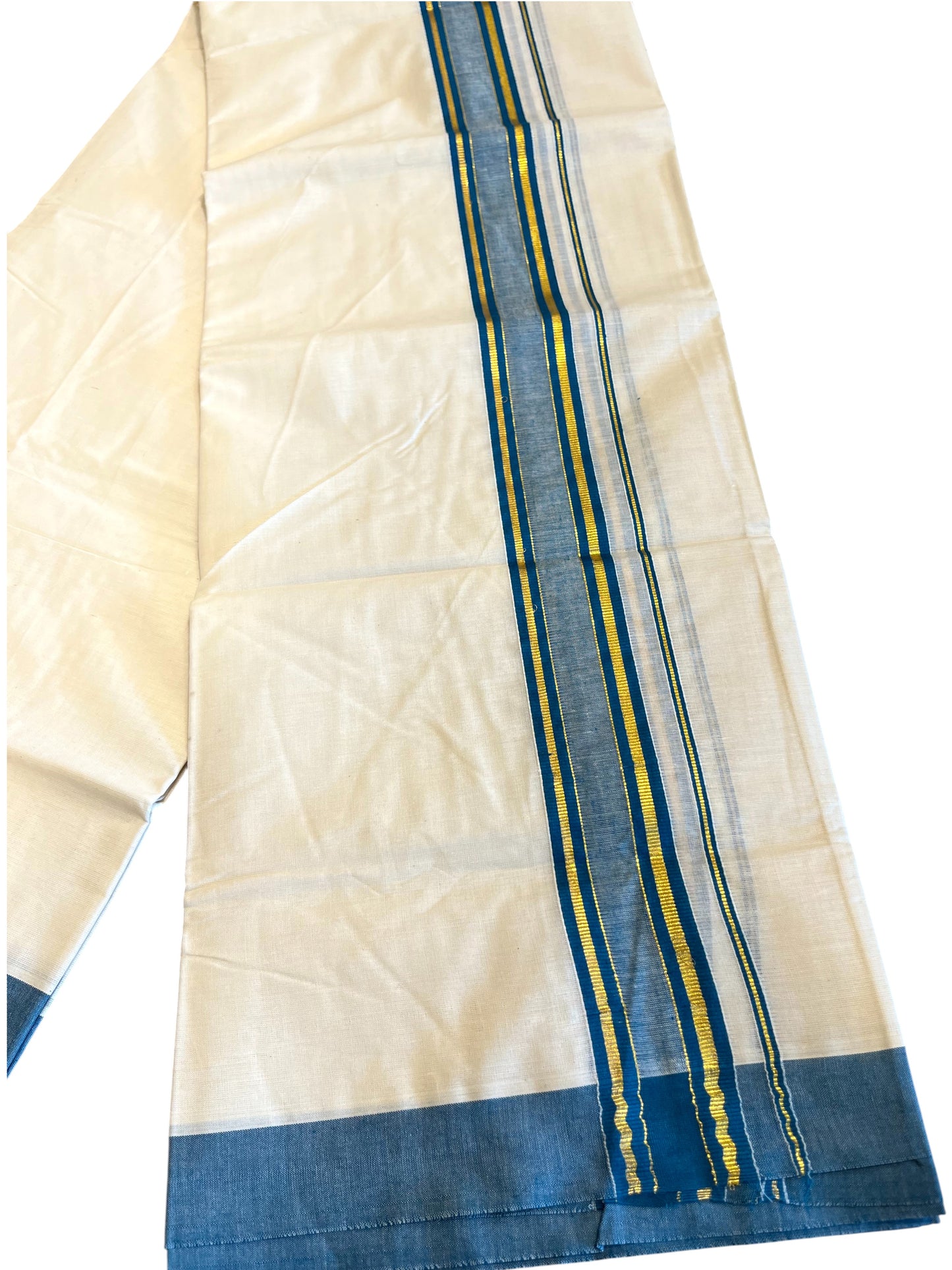 Southloom Pure Cotton Off White Double Mundu with Gold Kasavu And Blue Border(South Indian Kerala Dhoti)