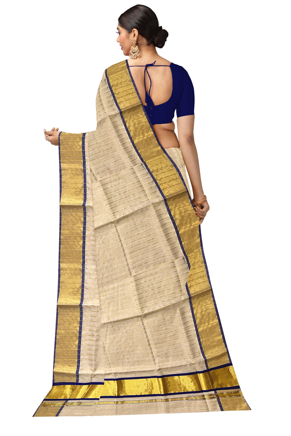 Southloom™ Premium Handloom Tissue Saree with Kasavu Lines Designs Across Body and Blue Border