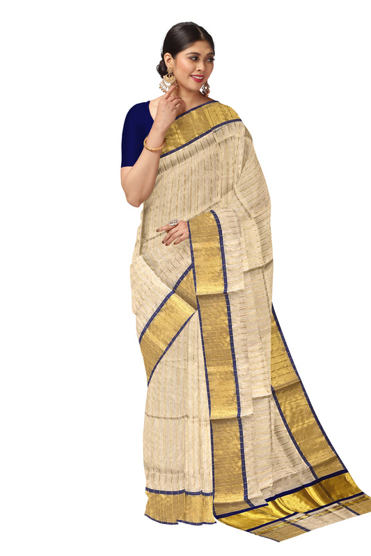 Southloom™ Premium Handloom Tissue Saree with Kasavu Lines Designs Across Body and Blue Border