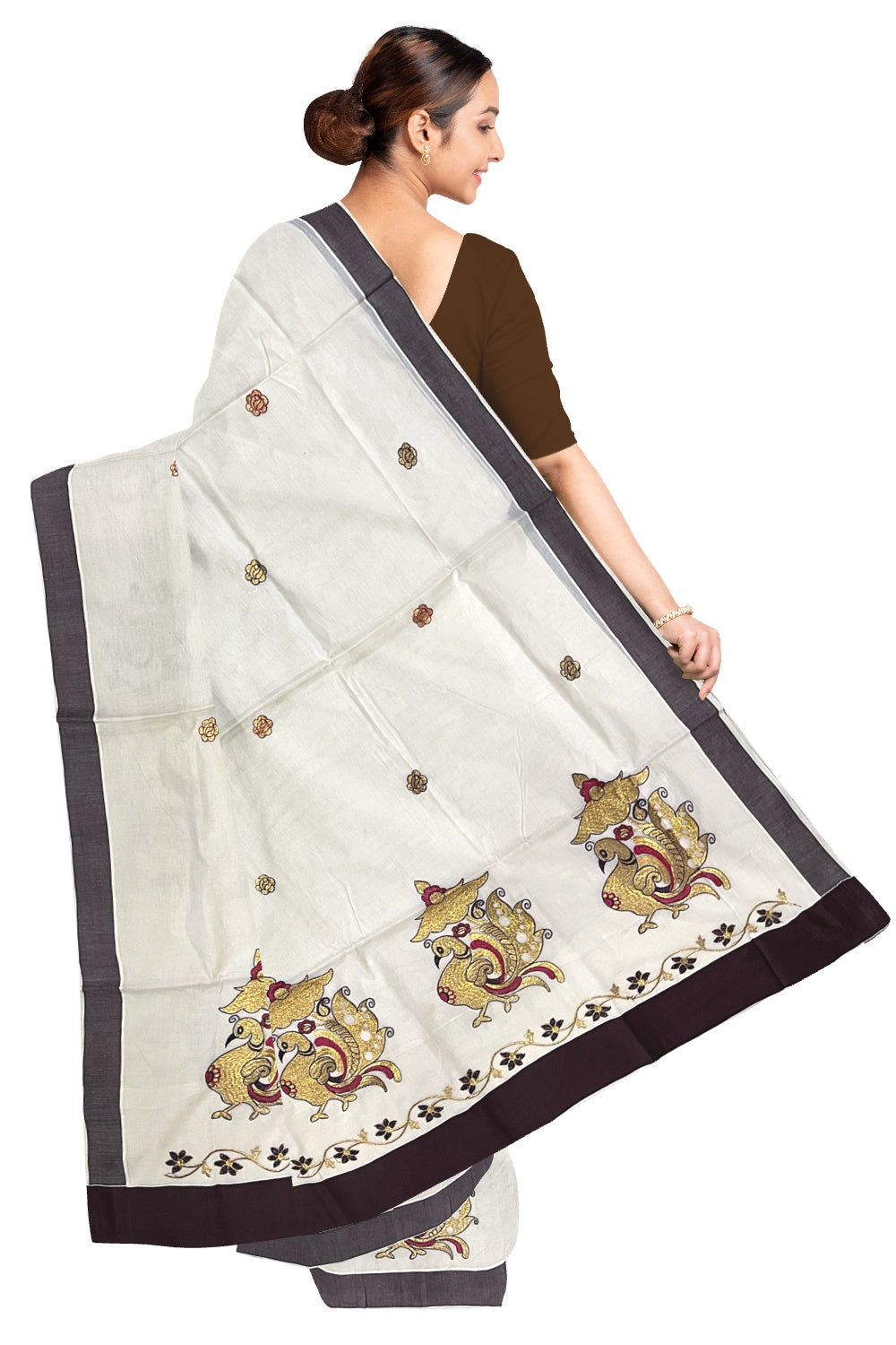 Pure Cotton Kerala Saree with Peacock Embroidery Work and Brown Border (Onam Saree 2023)