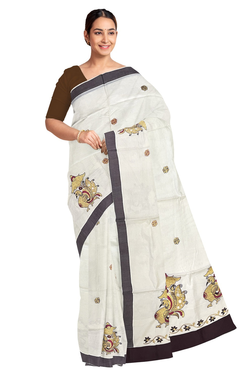 Pure Cotton Kerala Saree with Peacock Embroidery Work and Brown Border (Onam Saree 2023)