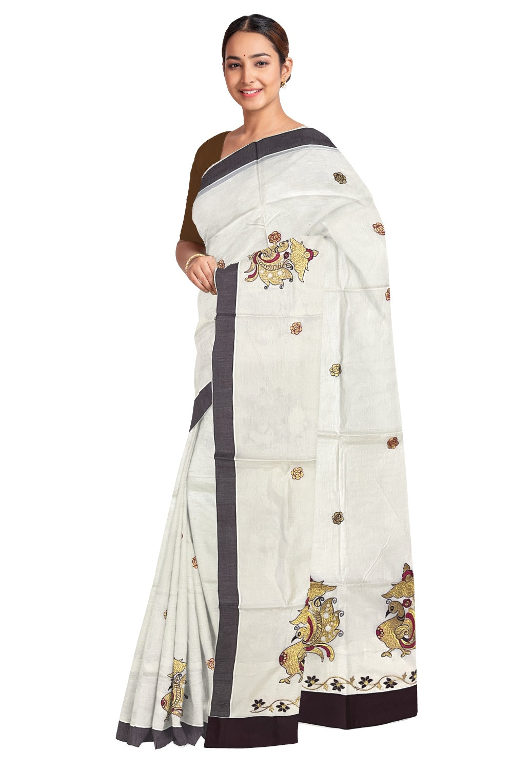 Pure Cotton Kerala Saree with Peacock Embroidery Work and Brown Border (Onam Saree 2023)