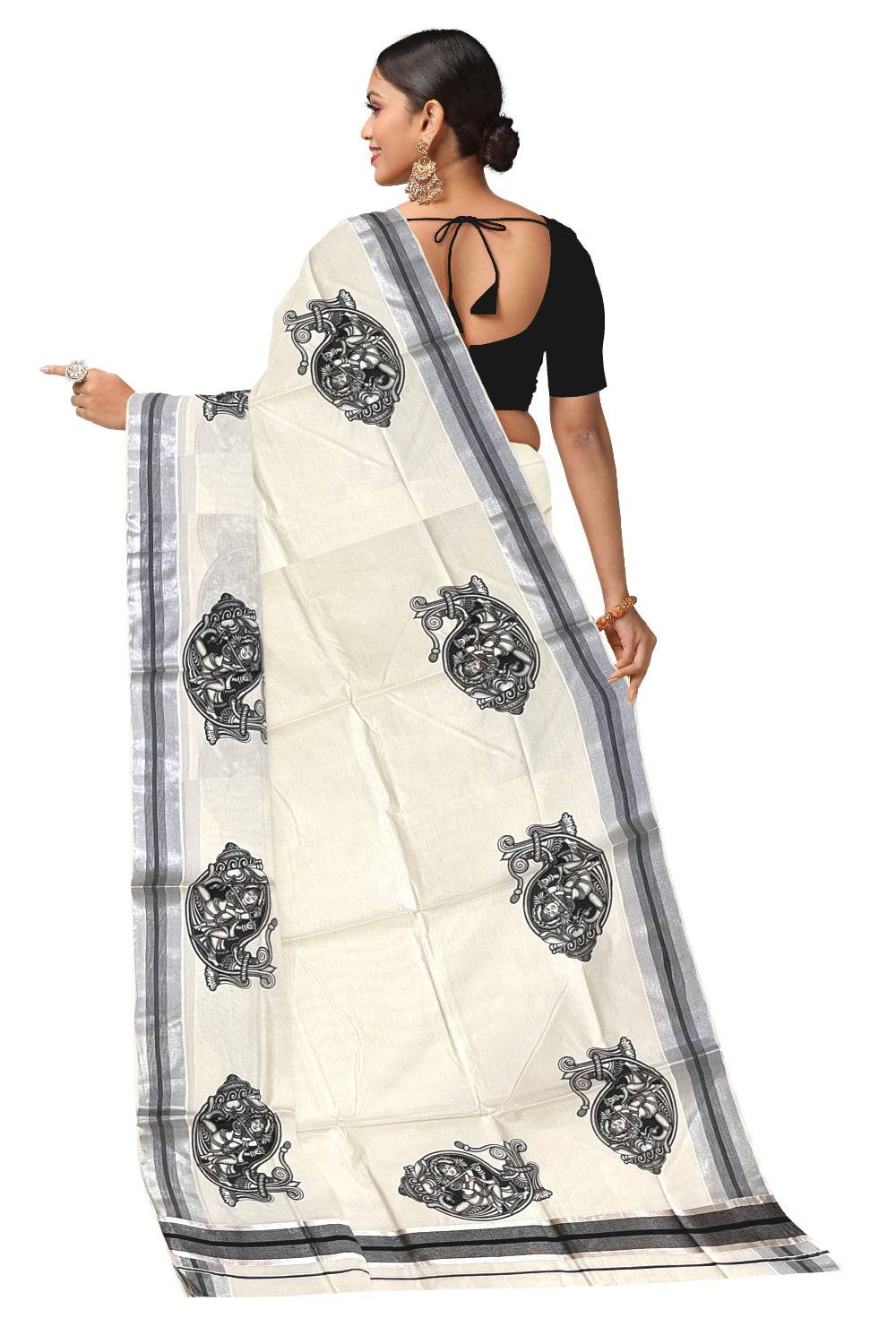 Pure Cotton Kerala Silver Kasavu Saree with Krishna on Shell Mural Prints and Black Border