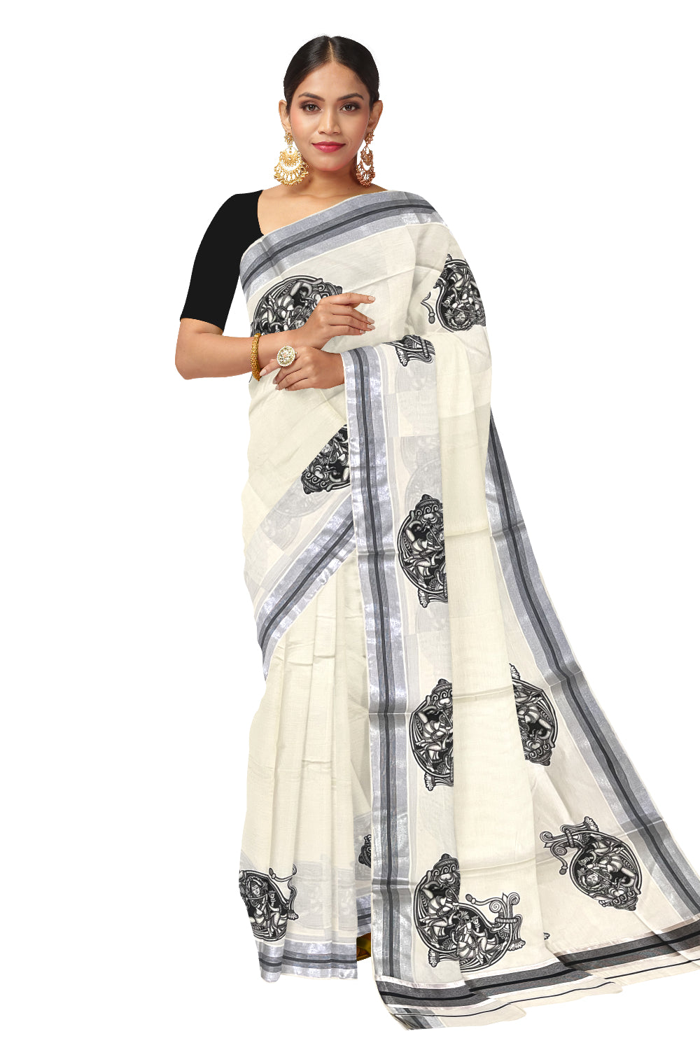 Pure Cotton Kerala Silver Kasavu Saree with Krishna on Shell Mural Prints and Black Border