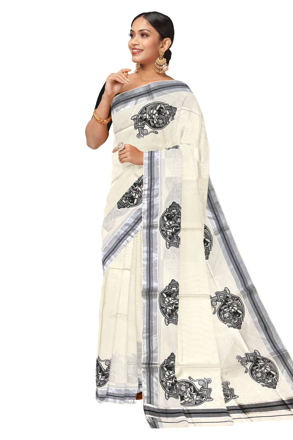 Pure Cotton Kerala Silver Kasavu Saree with Krishna on Shell Mural Prints and Black Border