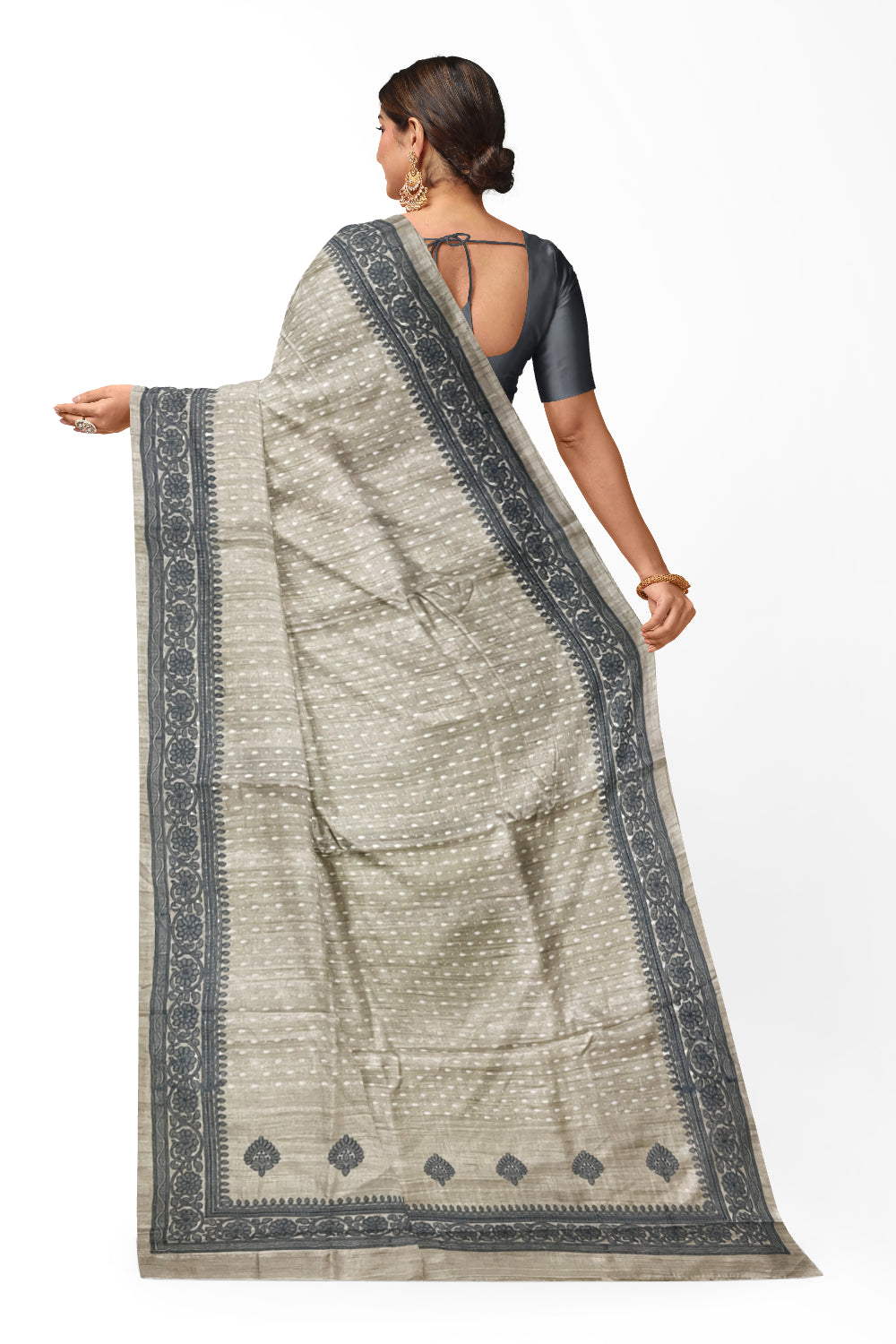 Southloom Tussar Light Brown Designer Saree with Grey Thread Work Border