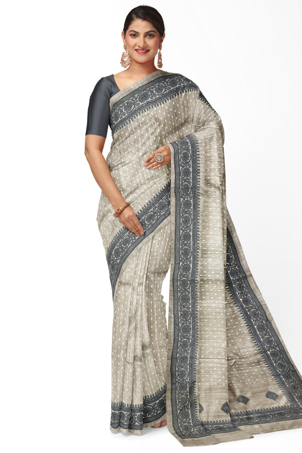 Southloom Tussar Light Brown Designer Saree with Grey Thread Work Border